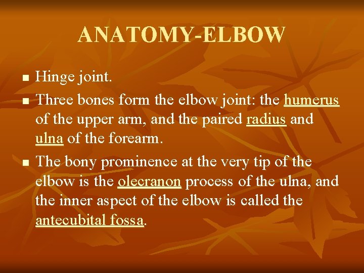 ANATOMY-ELBOW n n n Hinge joint. Three bones form the elbow joint: the humerus