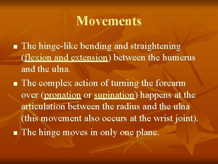 Movements n n n The hinge-like bending and straightening (flexion and extension) between the