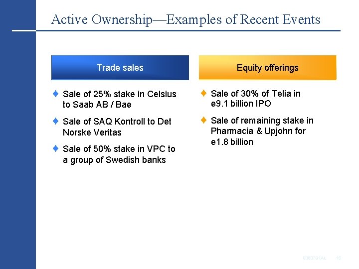 Active Ownership—Examples of Recent Events Trade sales Sale of 25% stake in Celsius to