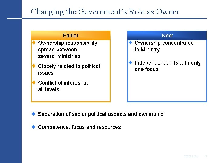 Changing the Government’s Role as Owner Earlier Ownership responsibility spread between several ministries Closely