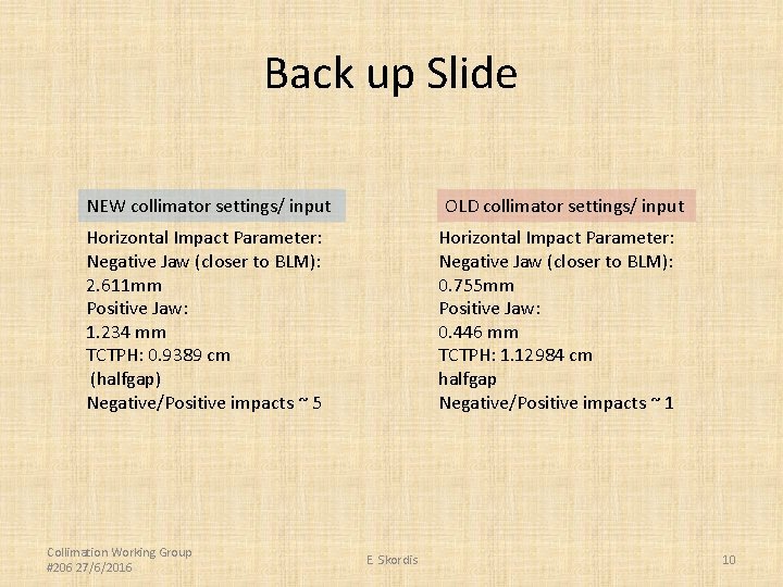 Back up Slide NEW collimator settings/ input OLD collimator settings/ input Horizontal Impact Parameter: