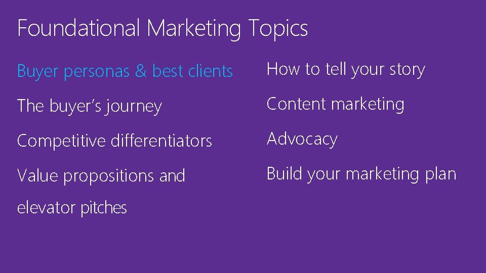 Foundational Marketing Topics Buyer personas & best clients How to tell your story The