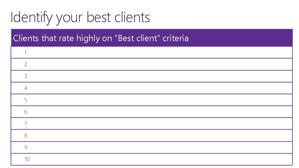 Identify your best clients Clients that rate highly on “Best client” criteria 1. 2.