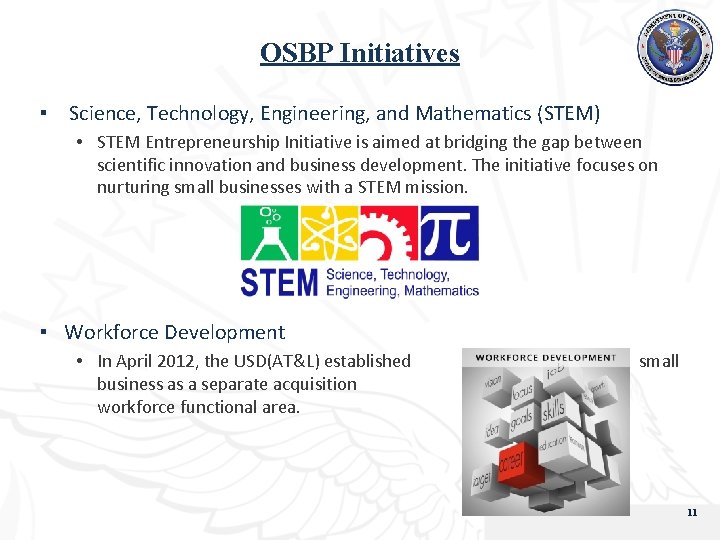 OSBP Initiatives ▪ Science, Technology, Engineering, and Mathematics (STEM) • STEM Entrepreneurship Initiative is