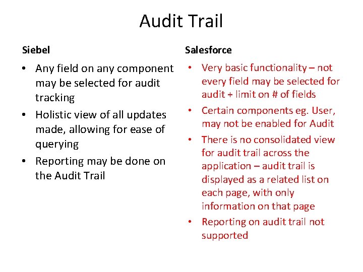 Audit Trail Siebel Salesforce • Any field on any component may be selected for