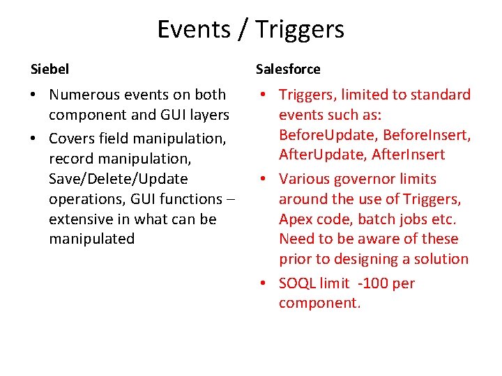 Events / Triggers Siebel Salesforce • Numerous events on both component and GUI layers