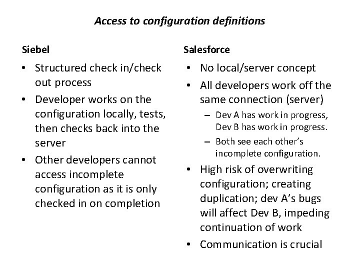 Access to configuration definitions Siebel Salesforce • Structured check in/check out process • Developer