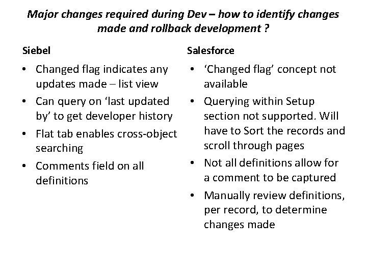 Major changes required during Dev – how to identify changes made and rollback development