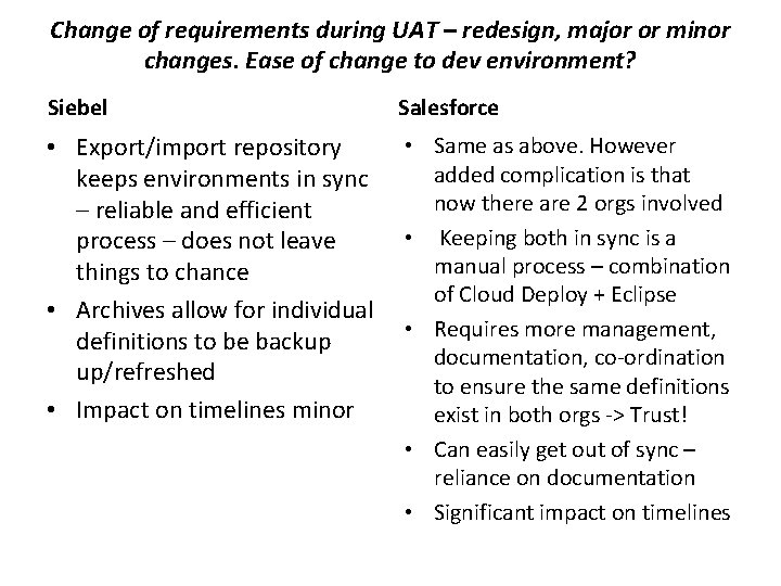 Change of requirements during UAT – redesign, major or minor changes. Ease of change