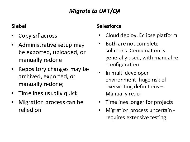 Migrate to UAT/QA Siebel Salesforce • Copy srf across • Administrative setup may be