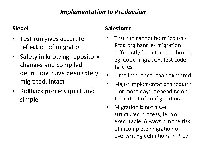 Implementation to Production Siebel Salesforce • Test run gives accurate reflection of migration •