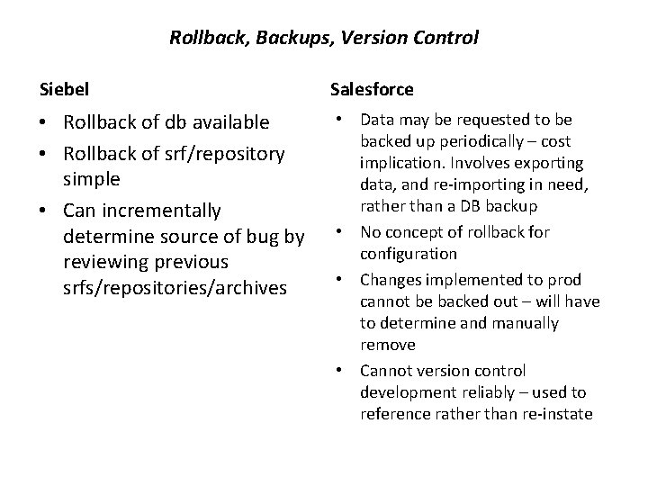 Rollback, Backups, Version Control Siebel Salesforce • Rollback of db available • Rollback of