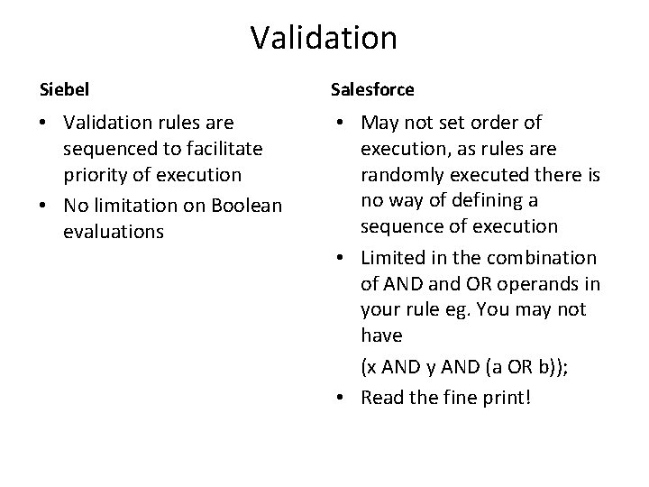 Validation Siebel Salesforce • Validation rules are sequenced to facilitate priority of execution •
