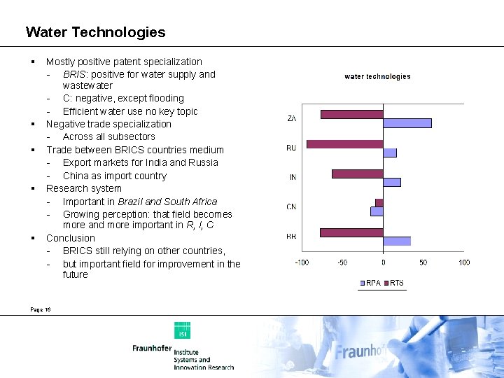 Water Technologies § § § Mostly positive patent specialization - BRIS: positive for water