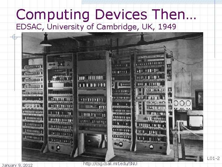 Computing Devices Then… EDSAC, University of Cambridge, UK, 1949 January 9, 2012 http: //csg.