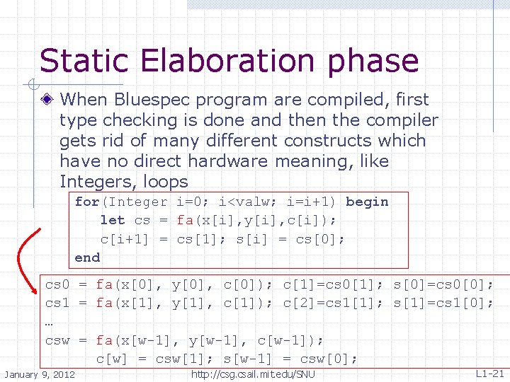 Static Elaboration phase When Bluespec program are compiled, first type checking is done and