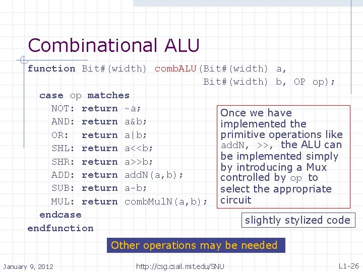 Combinational ALU function Bit#(width) comb. ALU(Bit#(width) a, Bit#(width) b, OP op); case op matches