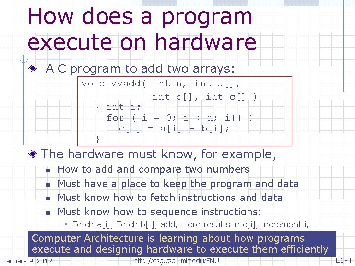 How does a program execute on hardware A C program to add two arrays: