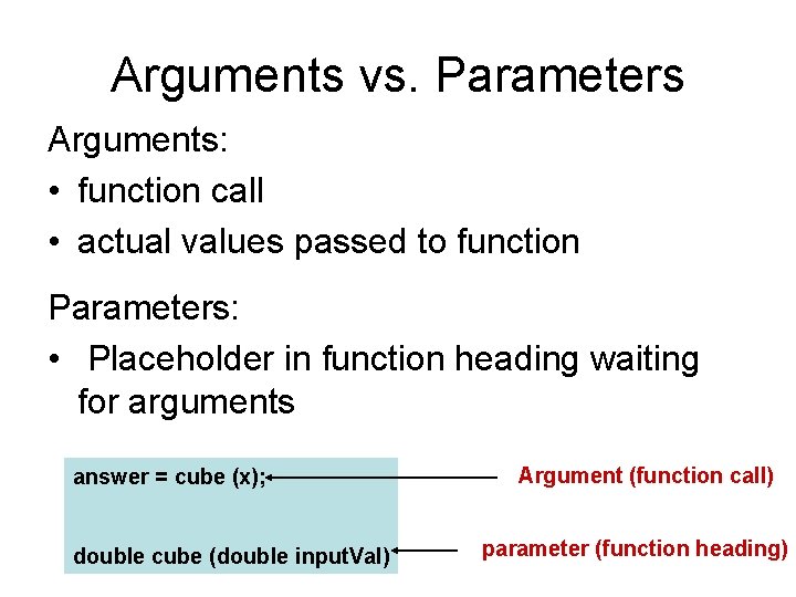 Arguments vs. Parameters Arguments: • function call • actual values passed to function Parameters:
