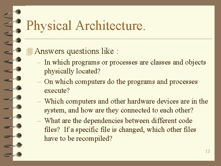 Physical Architecture. 4 Answers questions like : – In which programs or processes are