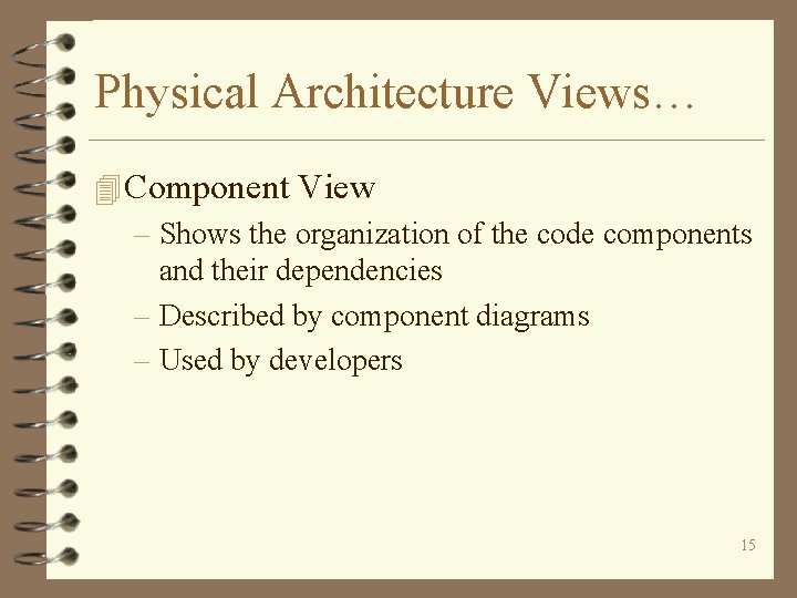 Physical Architecture Views… 4 Component View – Shows the organization of the code components