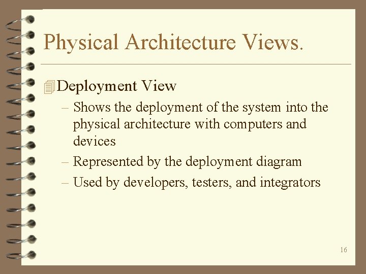 Physical Architecture Views. 4 Deployment View – Shows the deployment of the system into