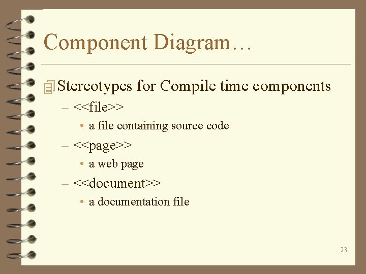 Component Diagram… 4 Stereotypes for Compile time components – <<file>> • a file containing