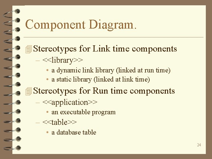 Component Diagram. 4 Stereotypes for Link time components – <<library>> • a dynamic link