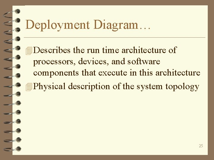 Deployment Diagram… 4 Describes the run time architecture of processors, devices, and software components