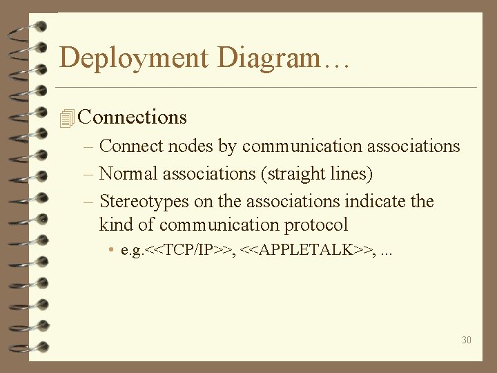 Deployment Diagram… 4 Connections – Connect nodes by communication associations – Normal associations (straight