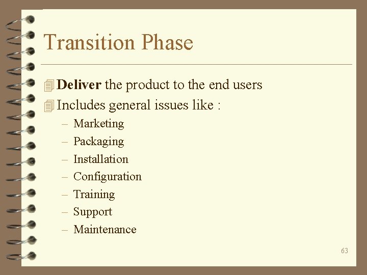 Transition Phase 4 Deliver the product to the end users 4 Includes general issues