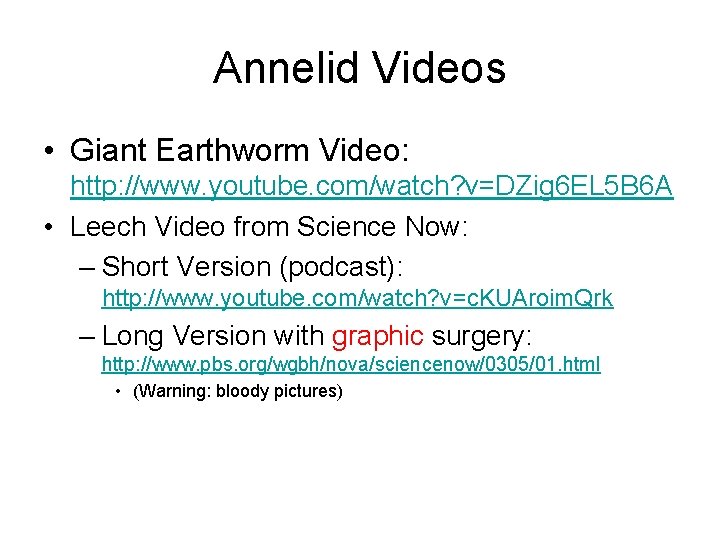 Annelid Videos • Giant Earthworm Video: http: //www. youtube. com/watch? v=DZig 6 EL 5