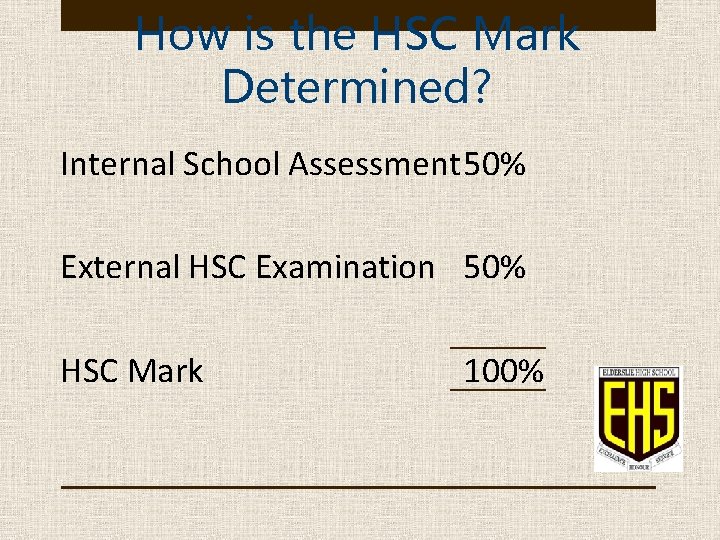 How is the HSC Mark Determined? Internal School Assessment 50% External HSC Examination 50%
