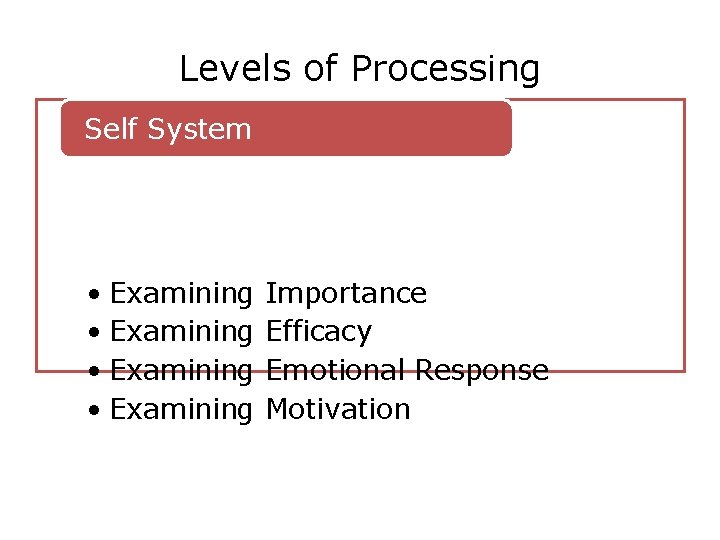 Levels of Processing Self System • Examining Importance Efficacy Emotional Response Motivation 