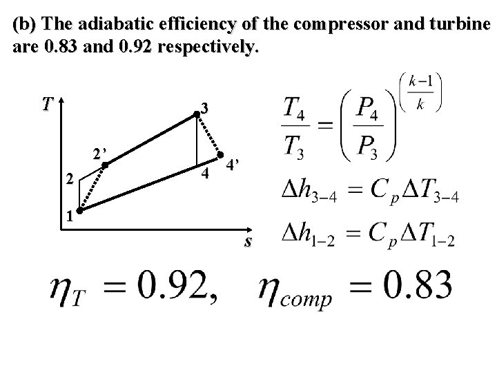 (b) The adiabatic efficiency of the compressor and turbine are 0. 83 and 0.