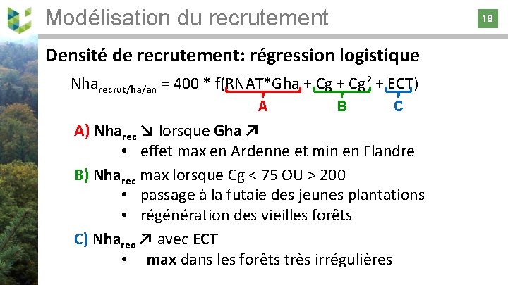 Modélisation du recrutement 18 18 Densité de recrutement: régression logistique Nharecrut/ha/an = 400 *