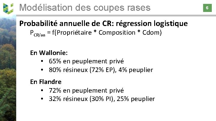 Modélisation des coupes rases 6 Probabilité annuelle de CR: régression logistique PCR/an = f(Propriétaire