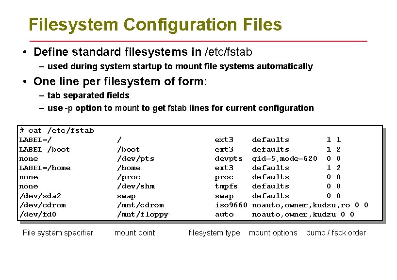 Filesystem Configuration Files • Define standard filesystems in /etc/fstab – used during system startup