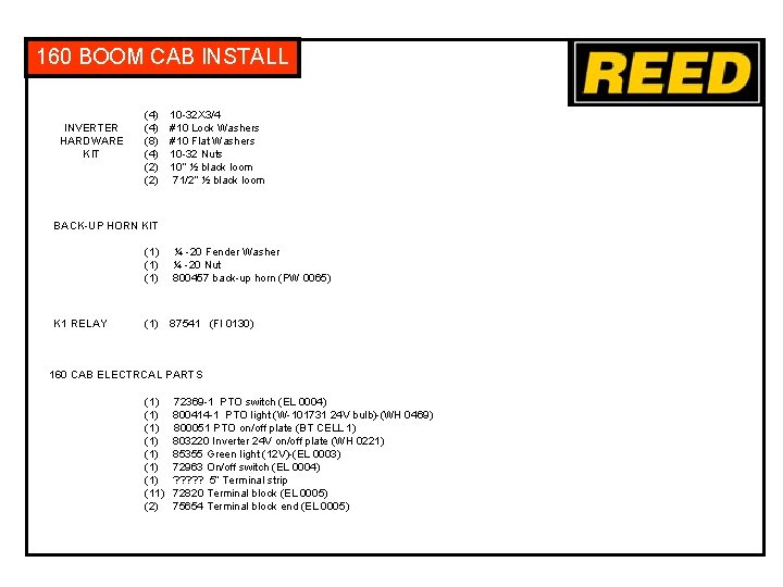 160 BOOM CAB INSTALL INVERTER HARDWARE KIT (4) (8) (4) (2) 10 -32 X