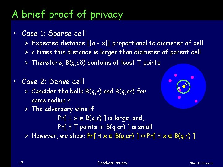 A brief proof of privacy • Case 1: Sparse cell Expected distance ||q -