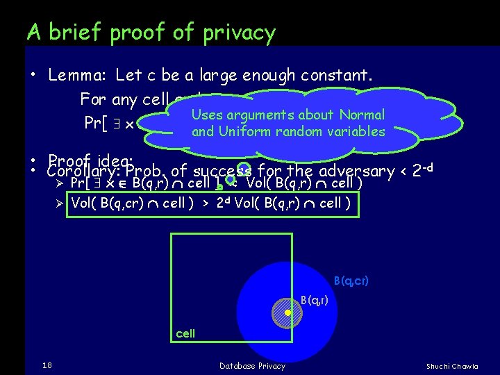 A brief proof of privacy • Lemma: Let c be a large enough constant.