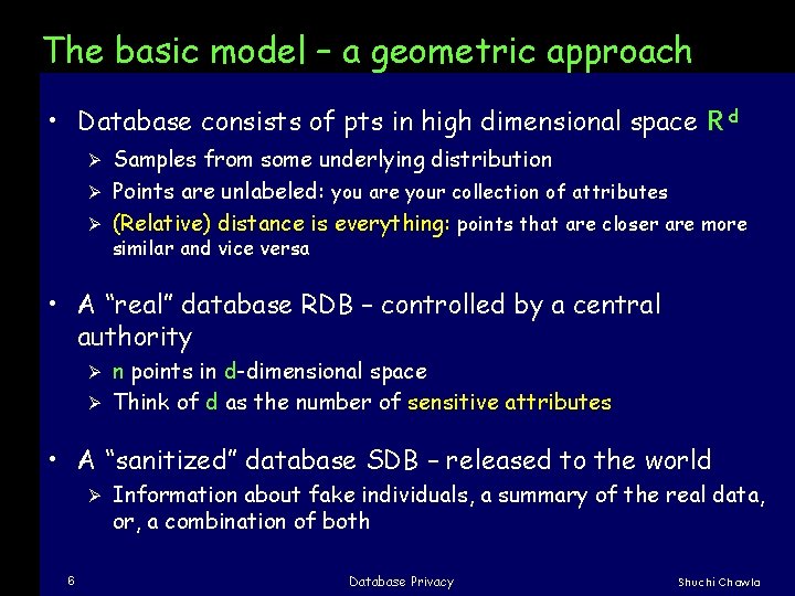 The basic model – a geometric approach • Database consists of pts in high