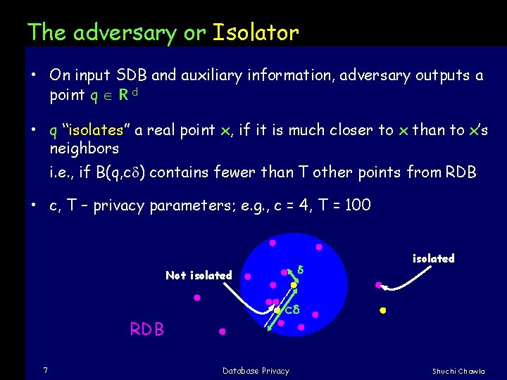 The adversary or Isolator • On input SDB and auxiliary information, adversary outputs a