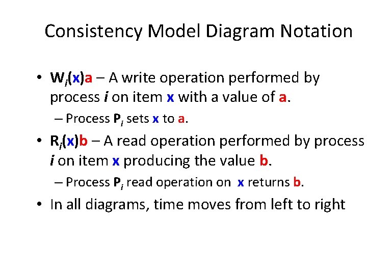 Consistency Model Diagram Notation • Wi(x)a – A write operation performed by process i