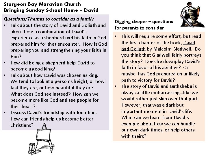 Sturgeon Bay Moravian Church Bringing Sunday School Home – David Questions/Themes to consider as