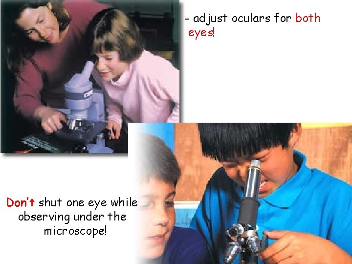 - adjust oculars for both eyes! Don’t shut one eye while observing under the