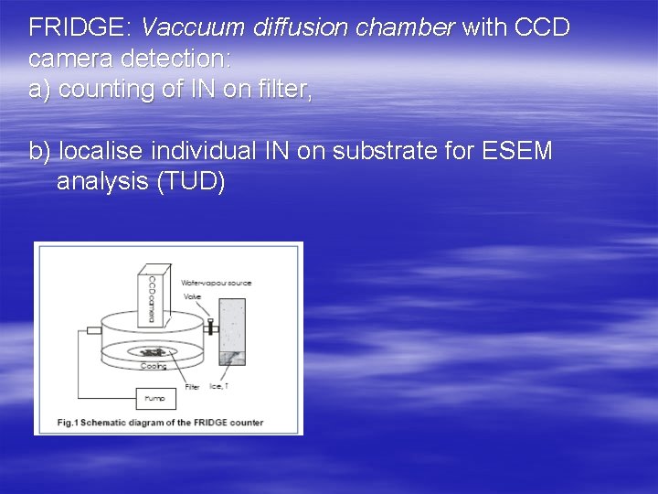FRIDGE: Vaccuum diffusion chamber with CCD camera detection: a) counting of IN on filter,