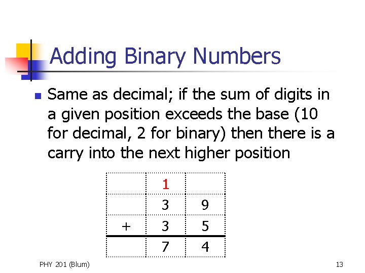 Adding Binary Numbers n Same as decimal; if the sum of digits in a