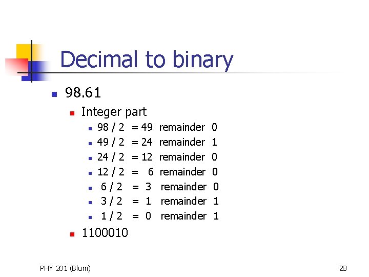 Decimal to binary n 98. 61 n Integer part n n n n 98