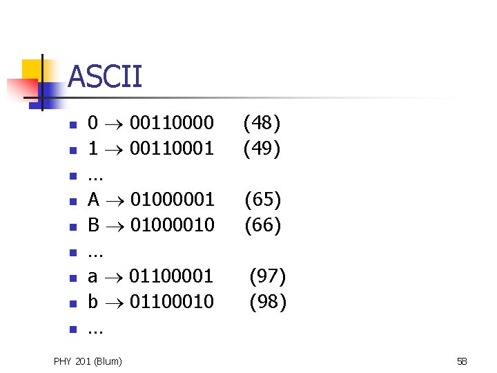 ASCII n n n n n 0 00110000 1 00110001 … A 01000001 B